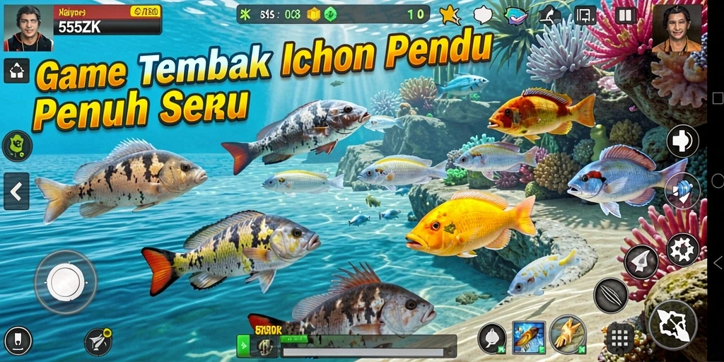 Tampilan gameplay seru dalam 555ZK saat menembak ikan.