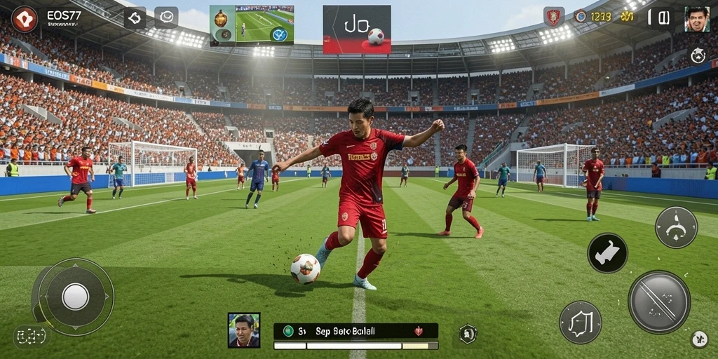 Screenshot gameplay EOS77 dengan aksi sepak bola yang mendebarkan.