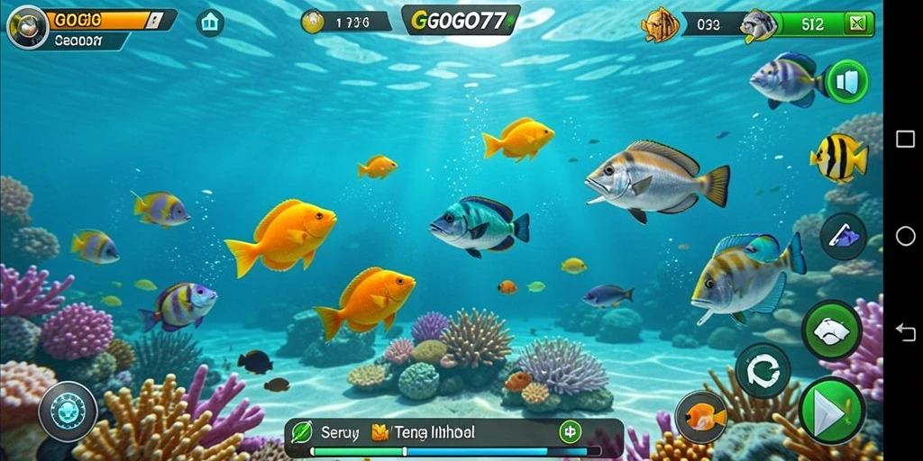 Gameplay GOGO77 dengan berbagai ikan berwarna-warni di lautan.