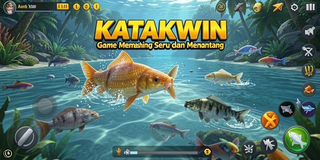 Screenshot gameplay KATAKWIN menampilkan momen seru saat memancing.