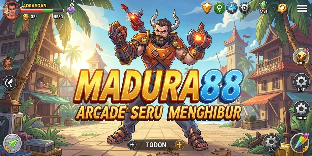 Tampilan gameplay seru dari MADURA88 dengan latar warna-warni.
