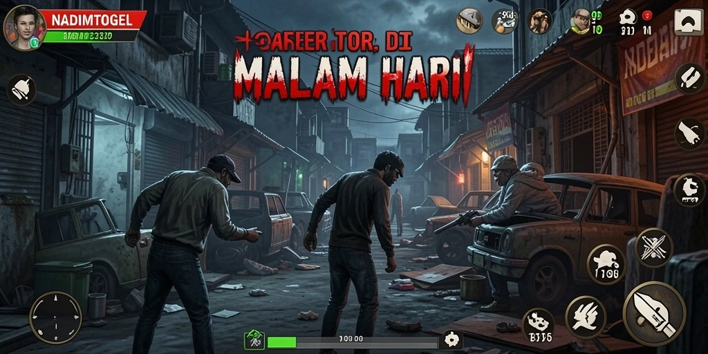 Tampilan gameplay NADIMTOGEL dengan suasana menyeramkan dan makhluk mengintai.