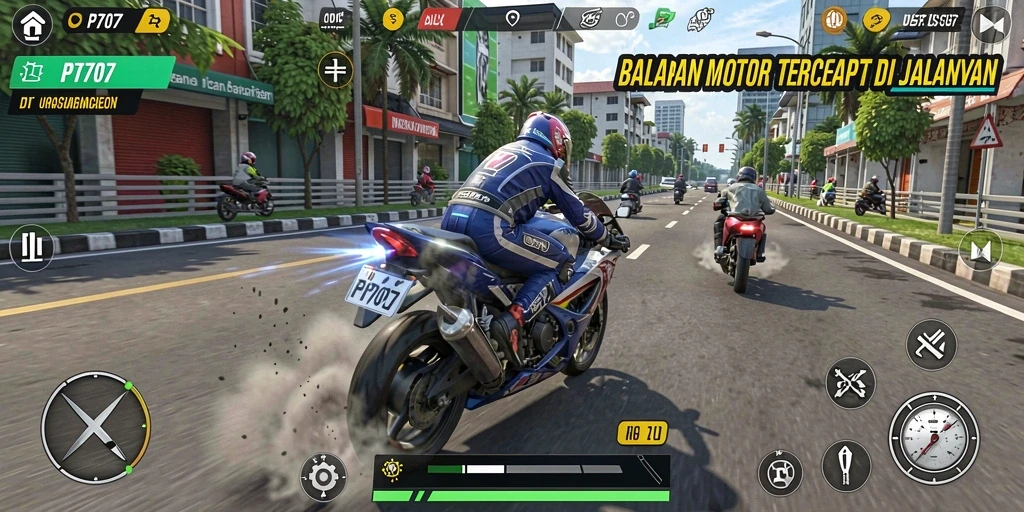 Screenshot PT707 menampilkan aksi balapan motor yang mendebarkan di jalanan kota.