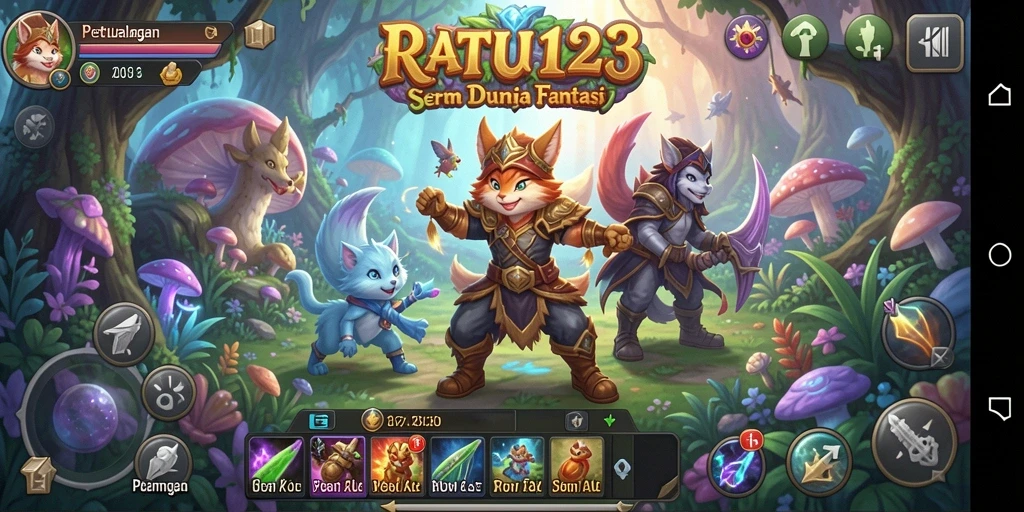 Screenshot utama menunjukkan pertempuran epik dalam gameplay RPG.