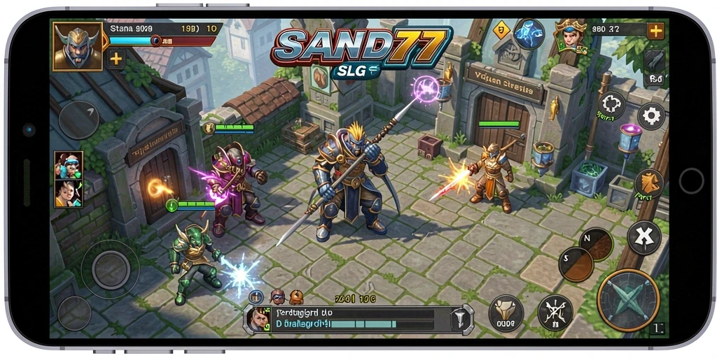 Tangkapan layar gameplay SAND77 menunjukkan strategi pertempuran yang intens.