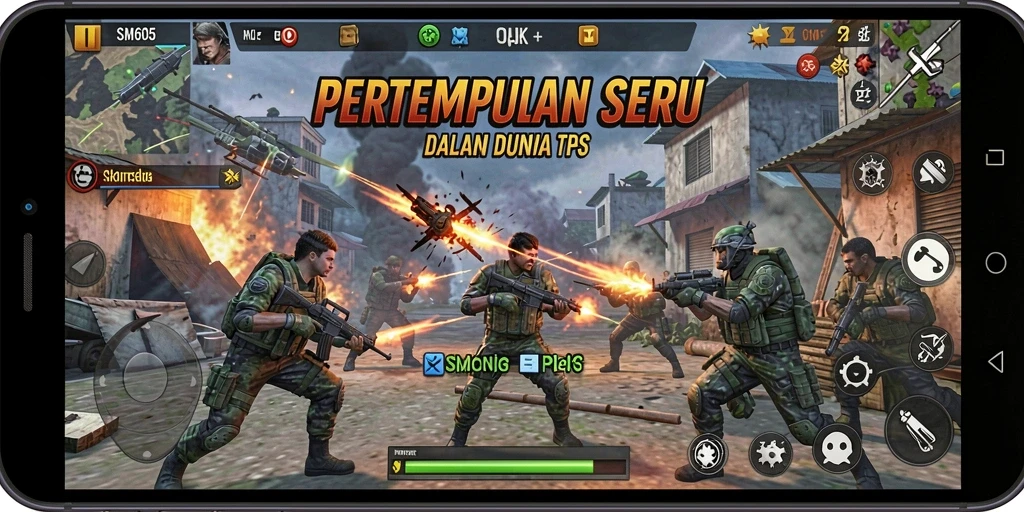 Screenshot gameplay SM605 menampilkan aksi tembak-menembak intens.