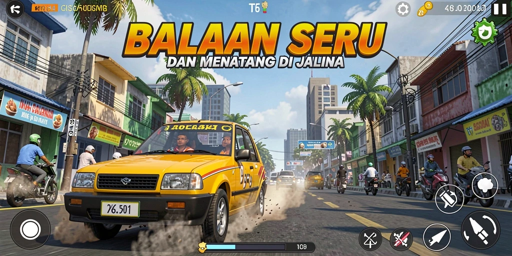 Gameplay T6 dengan mobil balap melaju cepat di trek.