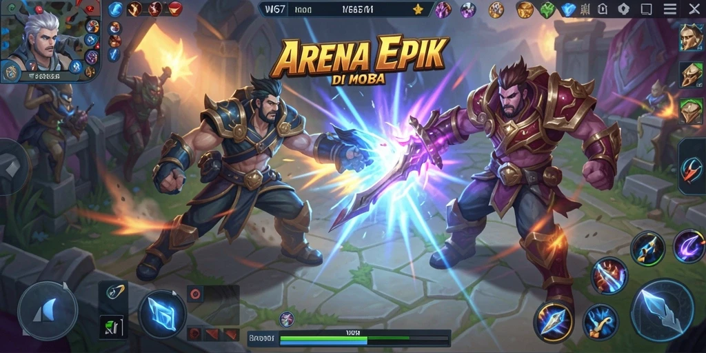 Tampilan aksi hebat dari karakter dalam W67 di arena pertempuran.